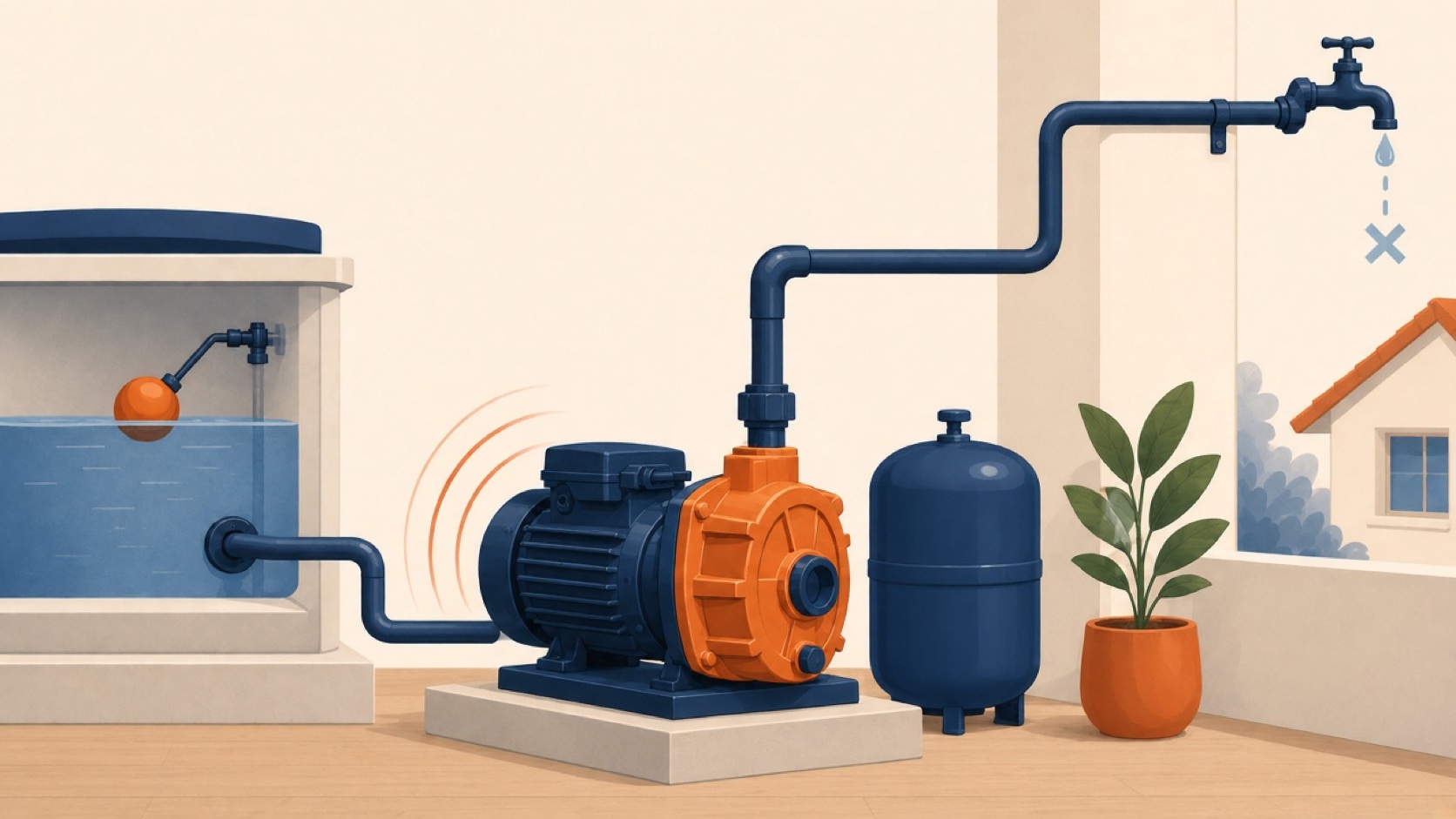 Ilustración de una bomba de superficie junto a un tanque de presión cerrado