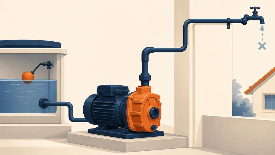 Ilustración editorial de una bomba de agua que no logra abastecer el tanque