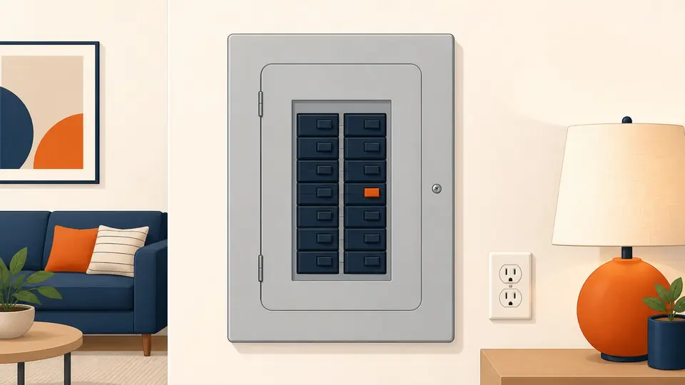 Ilustración editorial de un tablero eléctrico con un dado térmico disparado