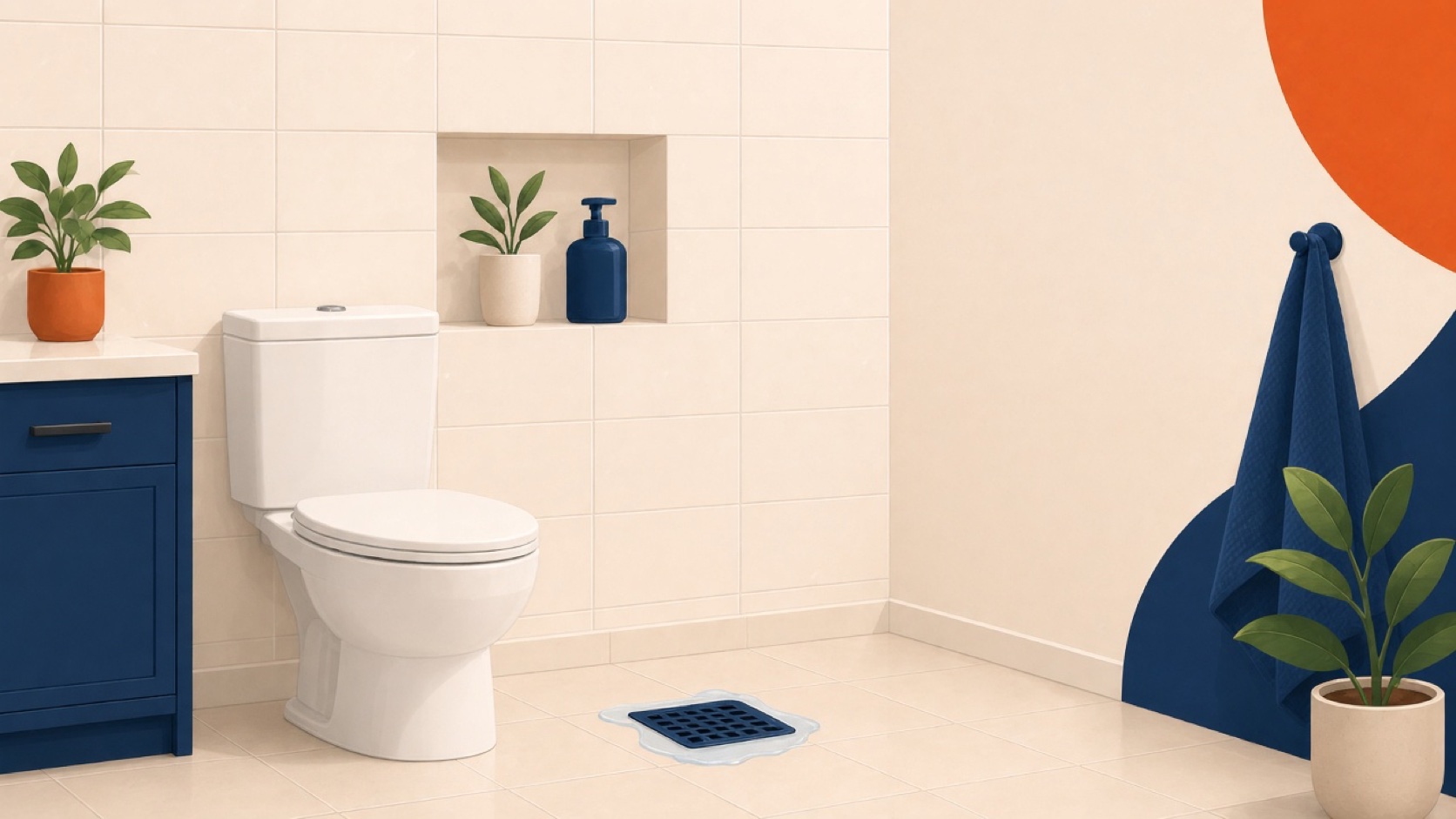 Ilustración de un baño con inodoro cerrado y una coladera en el piso