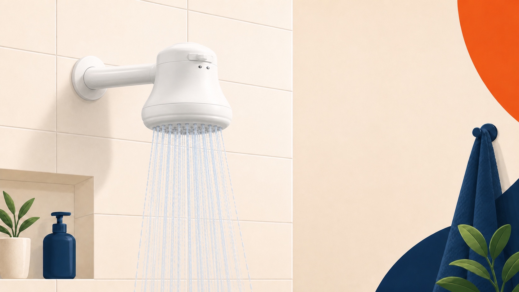 Ilustración editorial de una ducha eléctrica compacta que no calienta el agua