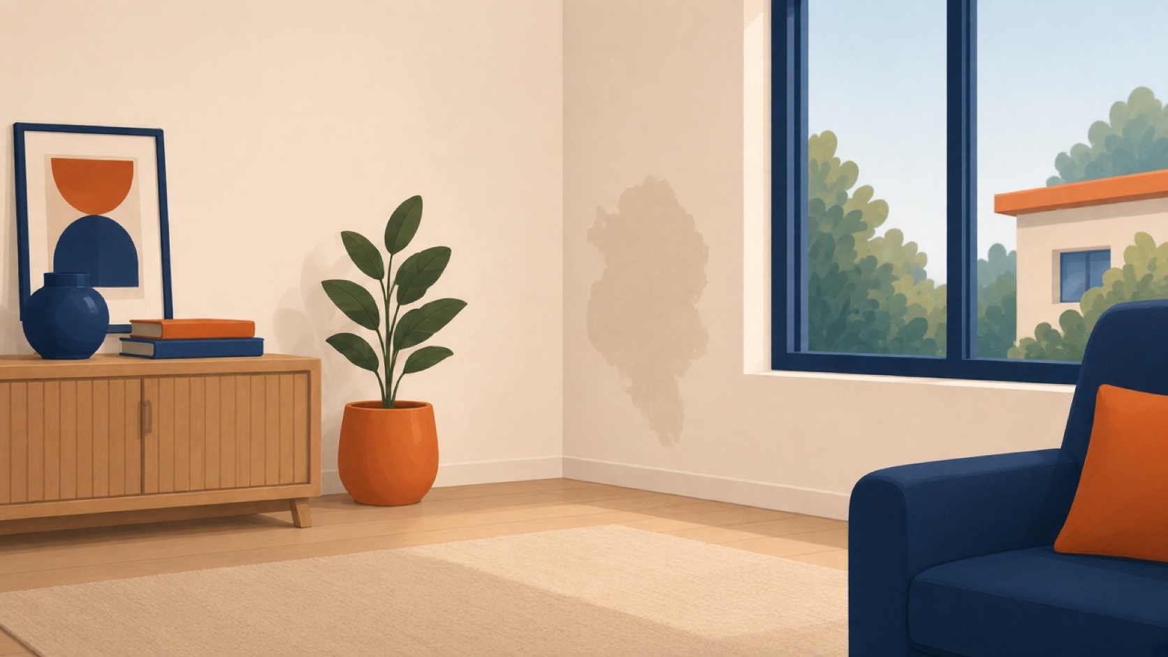 Ilustración de una mancha de humedad en una pared junto a un mueble cerrado