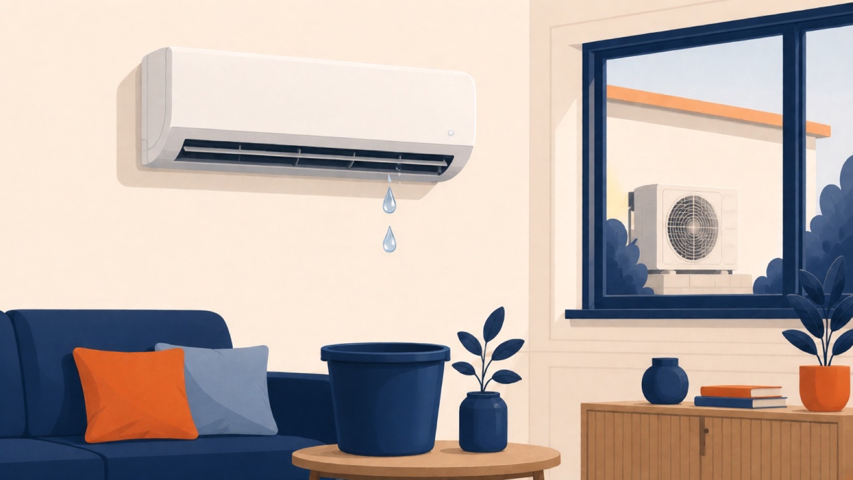 Ilustración de un minisplit de pared que gotea agua hacia un recipiente
