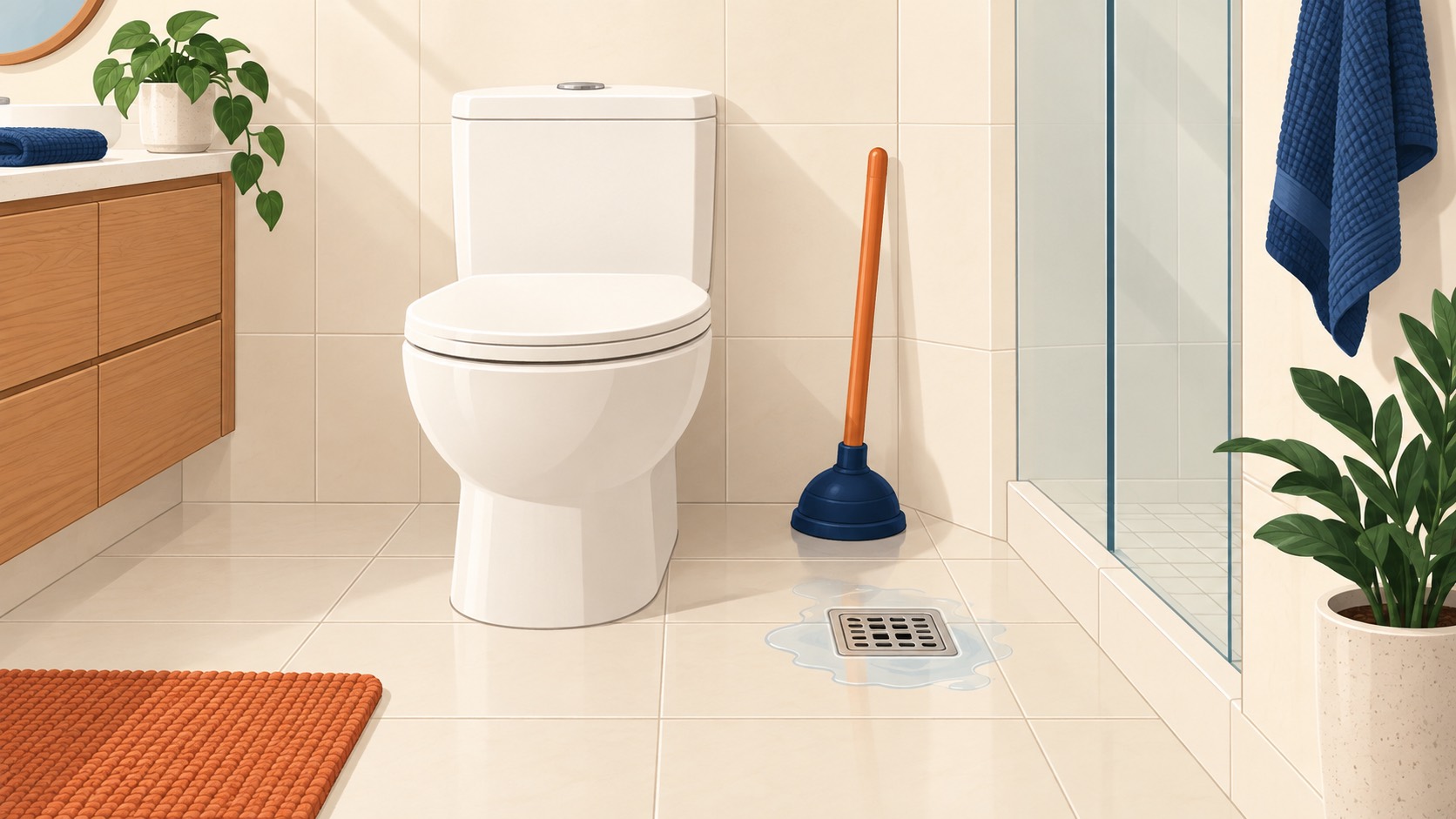 Ilustración editorial de un baño con inodoro cerrado y una coladera en el piso