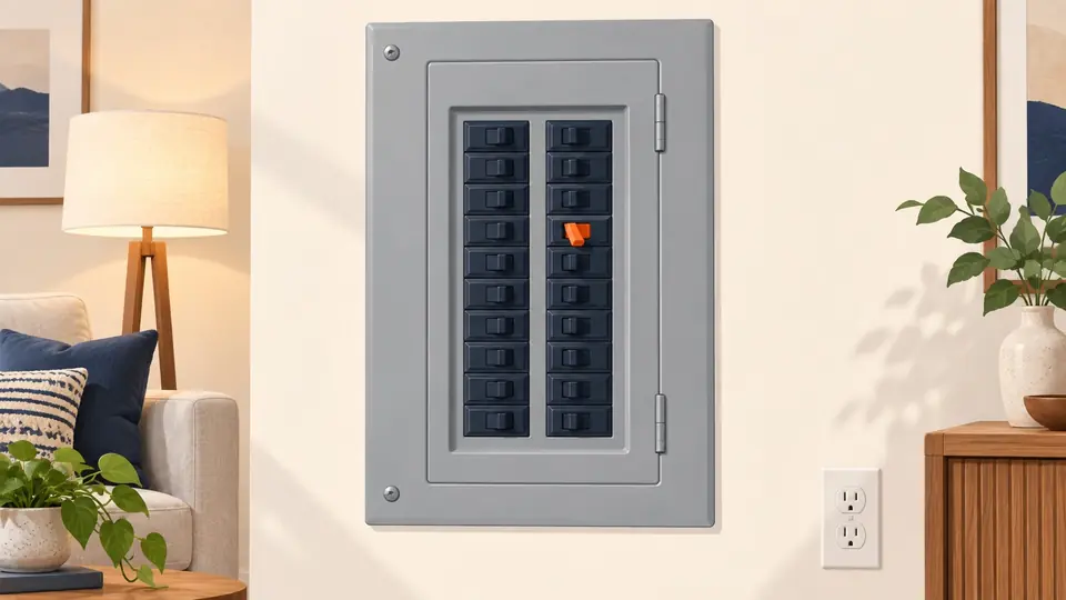 Ilustración editorial de un tablero eléctrico residencial con un dado disparado